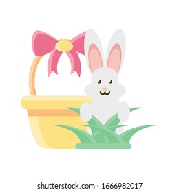 cute rabbit in basket on white background vector illustration design
