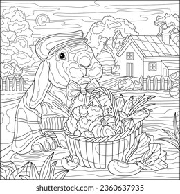 Conejo lindo con una canasta de verduras en el bosque. Libro de coloración para adultos, ilustración vectorial en blanco y negro. Arte de línea.