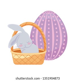 cute rabbit with basket wicker and egg of easter