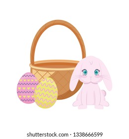 cute rabbit with basket wicker and eggs of easter