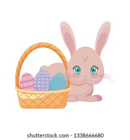 cute rabbit with basket wicker and eggs of easter