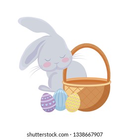 cute rabbit with basket wicker and eggs of easter