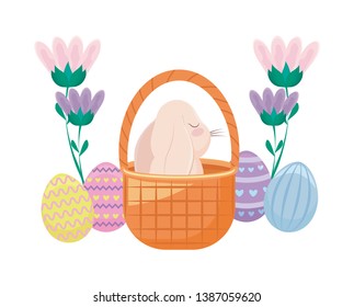cute rabbit with basket wicker and eggs of easter
