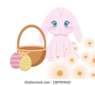 cute rabbit with basket wicker and eggs of easter