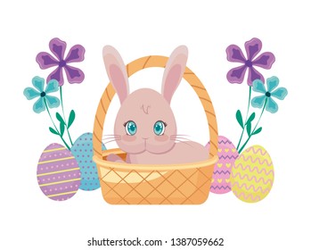 cute rabbit with basket wicker and eggs of easter