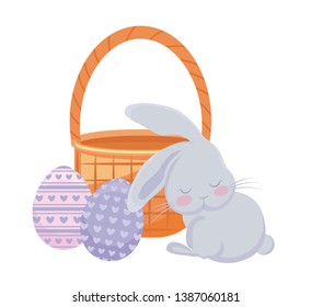 cute rabbit with basket wicker and eggs of easter