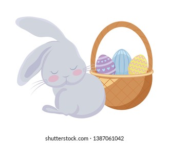 cute rabbit with basket wicker and eggs of easter