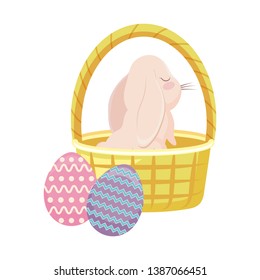 cute rabbit in basket wicker and eggs of easter