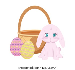 cute rabbit with basket wicker and eggs of easter