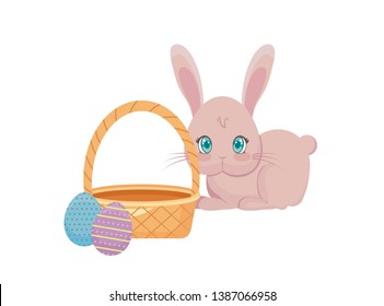 cute rabbit with basket wicker and eggs of easter