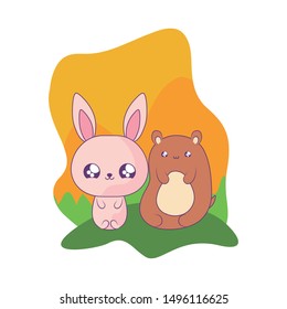 cute rabbit with bear baby animals kawaii