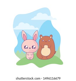 cute rabbit with bear baby animals kawaii