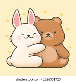 Cute rabbit and bear couple hand drawn cartoon animal character. Hand drawing vector. Cartoon character design.