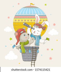 Cute rabbit and bear, doodle cartoon art. Best animal friends flying in hot air balloon. Line child vector illustration for t-shirt print, poster, card. Isolated background. Watercolor sketch for kids