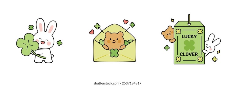 A cute rabbit and bear are giving good luck with a lucky four-leaf clover. outline simple vector illustration.