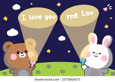 Cute rabbit and bear hold flashlight to night sky background with I love you text.Valentines day.Star and cloud.Animal character cartoon design.Kawaii.Vector.illusration.