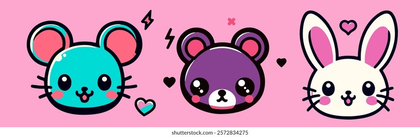 Cute rabbit, bear and mouse in anime kawaii style surrounded by hearts on a pink background. Trendy vector illustration for a t-shirt print, stickers or patches.