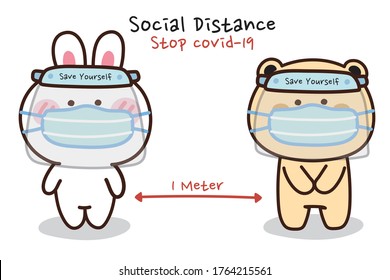 Cute rabbit and bear standing wearing face shield and mask protect virus.COVID-19,coronavirus concept.Cartoon animals doodle design.Kawaii.Vector.Illustration.Illustrator.