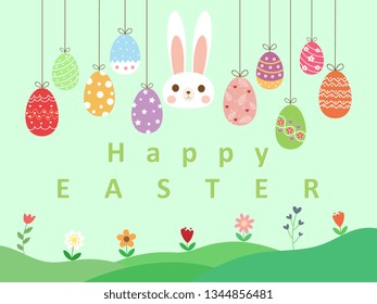 Cute rabbit and beautiful colorful easter eggs on pastel blue sky and green grass background with text happy easter and copy space. Hand drawn illustration vector wallpaper on easter holiday in April.
