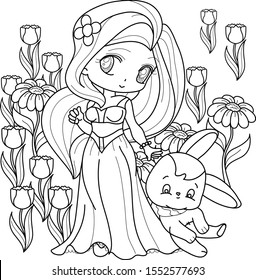 cute rabbit beautiful little princess outlined on white background for coloring book. Vector out line black and white.
