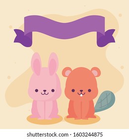 Cute rabbit and beaver cartoons design, Animals zoo life nature character childhood and adorable theme Vector illustration