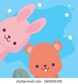 Cute rabbit and beaver cartoons design, Animals zoo life nature character childhood and adorable theme Vector illustration