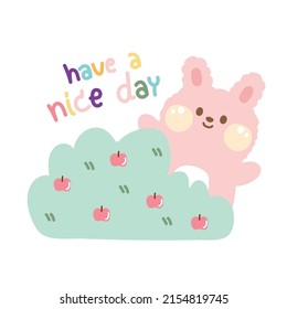 Cute rabbit behide plant cartoon on white background.Have a nice day text.Pastel.Kawaii.Easter day.Vector.Illustration.