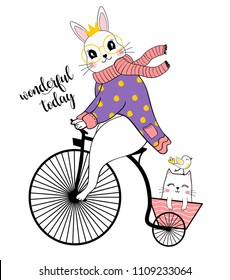 Cute rabbit with bicycle.T-shirt graphics