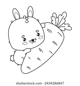 Cute rabbit with big carrot. Funny outline kawaii animal character. Vector illustration. Line drawing, coloring book. Kids collection.