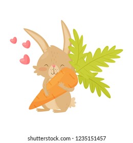 Cute rabbit with big carrot in paws, pink hearts in the air. Brown bunny with long ears and short tail. Flat vector icon