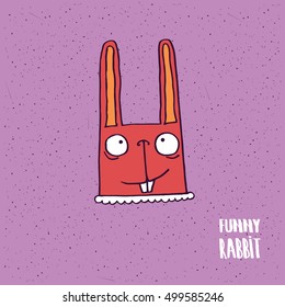 Cute rabbit with big ears on slightly desaturated magenta background. Lettering funny rabbit. Handmade cartoon style. Vector illustration