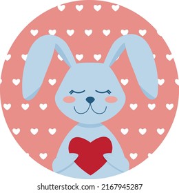 Cute rabbit with a big heart. Symbol of the new year. Happy valentine's day postcard. Flat cartoon vector illustration.