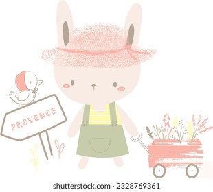 cute rabbit bird flowers illustration
