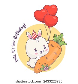 Netter Kaninchen-Geburtstagsjunge in Mütze mit großer Karotte und Luftballons. Lustige kawaii Tierfigur. Vektorgrafik. In: Kids Collection.