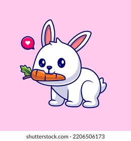 Cute Rabbit Bite Carrot Cartoon Vector Icon Illustration. Animal Nature Icon Concept Isolated Premium Vector. Flat Cartoon Style
