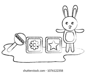 cute rabbit with blocks and bell character icon