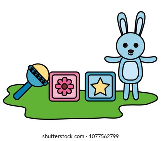 cute rabbit with blocks and bell character icon