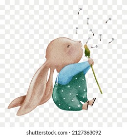 Cute Rabbit blowing dandelion flower water colour hand paint Cartoon hand drawn bunny character element for Easter greeting card  Spring  Summer poster  Vector illustration transparent background