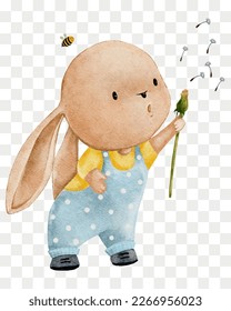 Cute Rabbit blowing dandelion flower water colour hand paint,Cartoon  Bunny,Hare character element for Easter greeting card,Spring,Summer poster,Vector portrait Animal on transparent background