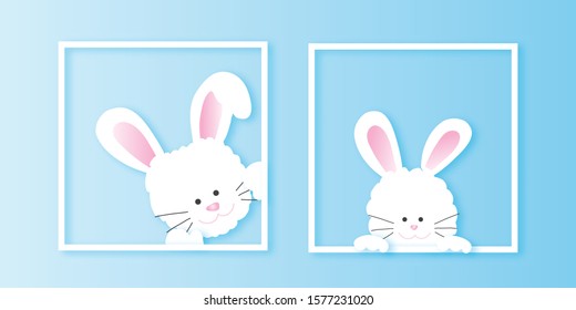 Cute rabbit with Blue background. Vectors illustrations