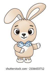 Cute rabbit with a blue bow. Print for a postcard. Easter Bunny