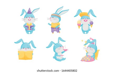 Cute Rabbit with Blue Coat Drinking Hot Tea and Reading Book Vector Set