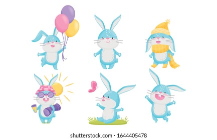 Conejo Cute con Salto de Abrigo Azul con Alegría y Juego de Vectores de Globos