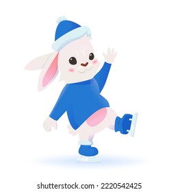 A cute rabbit in a blue hat and sweater is skating. Vector illustration
