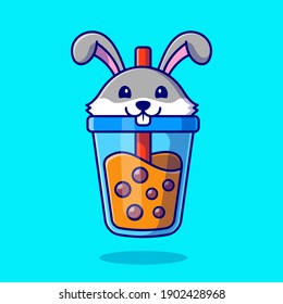 Cute Rabbit Boba Milk Tea Cartoon Vector Icon Illustration. Animal Drink Icon Concept Isolated Premium Vector. Flat Cartoon Style