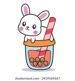 Cute Rabbit Boba Milk Tea Cartoon Vector Icon Illustration. Animal Drink Icon Concept Isolated Premium Vector. Flat Cartoon Style