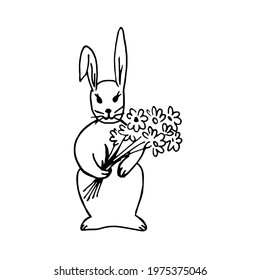 Cute rabbit with a bouquet of flowers on a white background.Black and white drawing in the doodle style.Vector hare can be used in postcards,textiles.