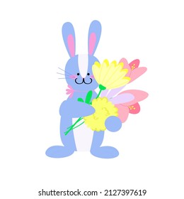 Cute rabbit with bouquet of flowers. Vector funny bunny isolated on white background.