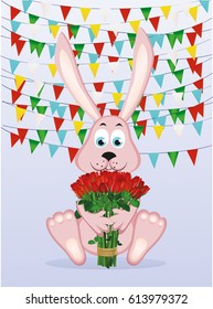 Cute rabbit with a bouquet of red roses. A hare with flowers. Garland of flags. Images for the birthday, the birth of the child, the day of the holy valentine. Invitation.Vector. Free space for text