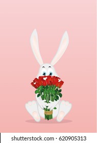 Cute rabbit with a bouquet of red roses. A hare with flowers. Use of the image for the birthday, the birth, the anniversary, day valentine. Invitation to a holiday. Vector. Free space for text